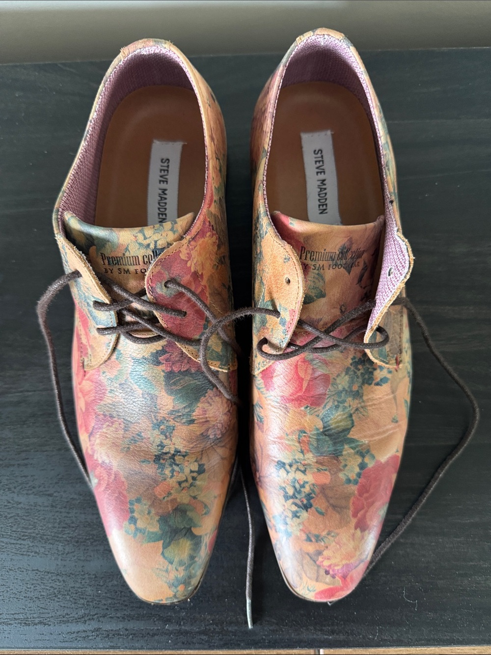 Steve Madden Floral Leather Lace-Up Flats in Pink and Tan with Green Accents